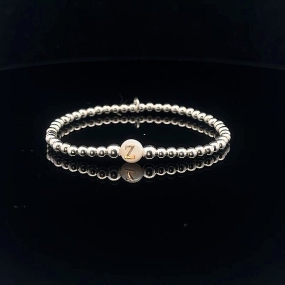 925 Sterling Silver Beaded Stretch Stacking Bracelet MOP Letter Initial Z - Picture 1 of 6